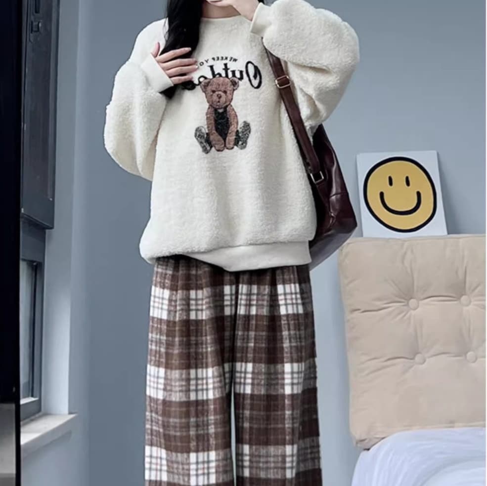 チェックパンツ もこもこチェックテーパードパンツ