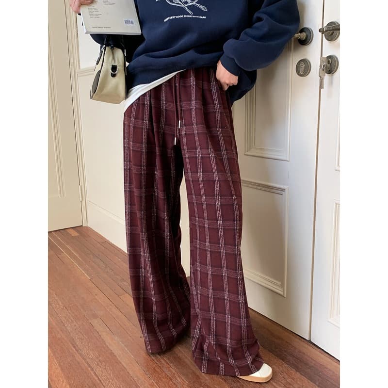 チェックパンツ ウエストゴム タータン ゆったりワイドパンツ
