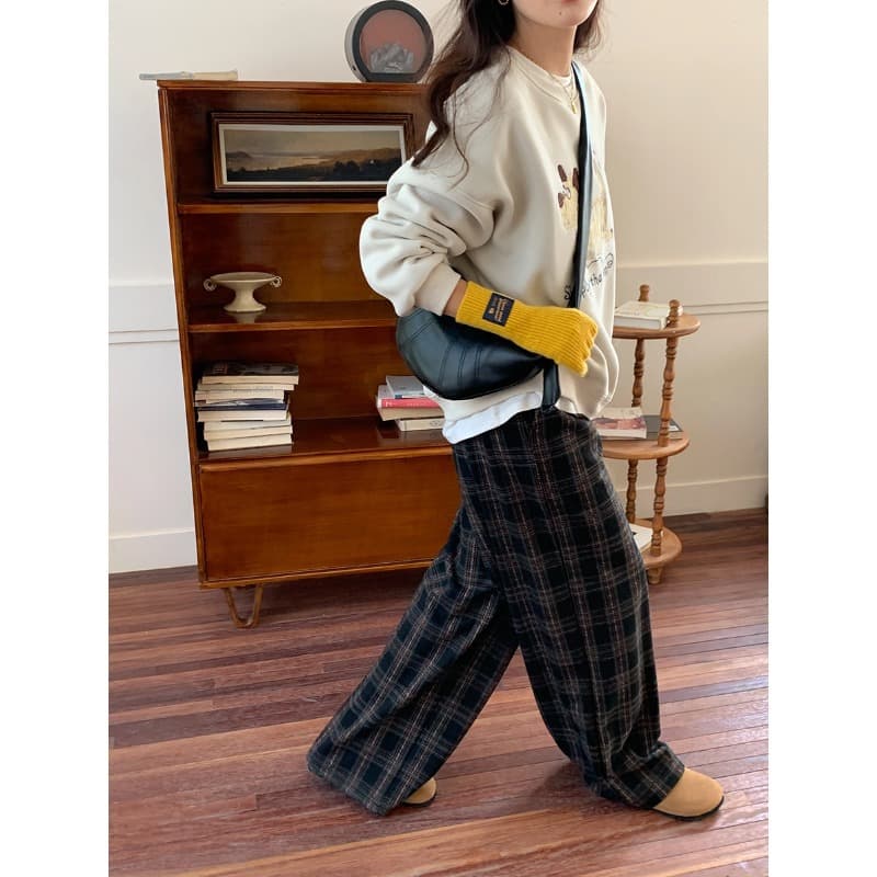 チェックパンツ ウエストゴム タータン ゆったりワイドパンツ