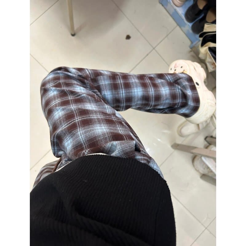 チェックパンツ モダンチェック柄ストレートパンツ