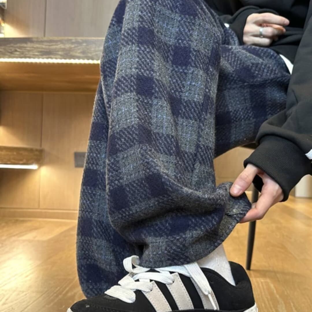 チェックパンツ あたたか起毛チェックワイドパンツ